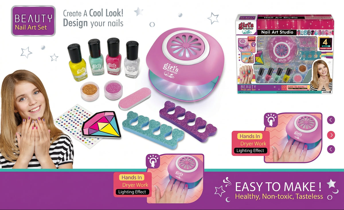 Girl’s Creator Nail Art Studio Set with Working Battery Dryer & Peel-Off Polishes (Ages 6+)