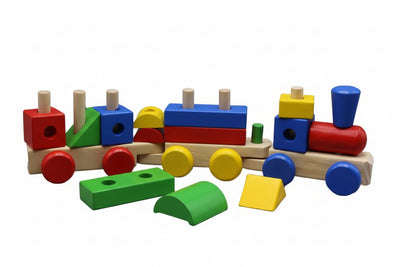 3-Section Geometric Shapes Train – Deluxe Wooden Pull-Along Set