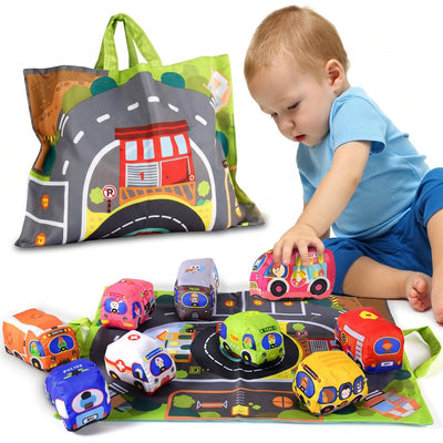 Baby Soft Vehicle Toys Set with 2-in-1 Play Mat Bag for Infants & Toddlers (Ages 0M+)