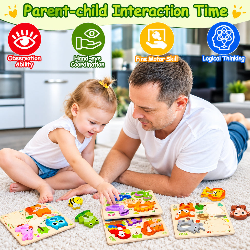 Montessori Cute Animals Wooden Educational Puzzle Set for Babies & Toddlers (Ages 1-3 Years)