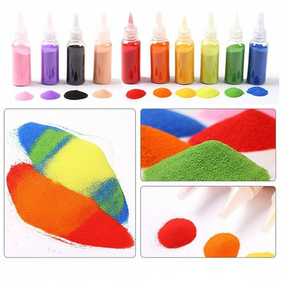 A set of small squeeze bottles filled with colorful powder or pigment, shown above close-up panels of the same colors as loose powders and sand. The bottles include pink, purple, black, tan, red, orange, yellow, green, blue, and white, and the inset images show the powders and sand in bright rainbow colors.