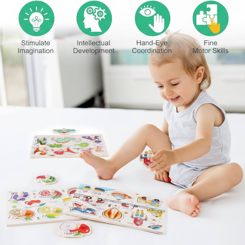 3-in-1 Wooden Peg Puzzle Bundle – Fruits, Vegetables, and Jungle Animals