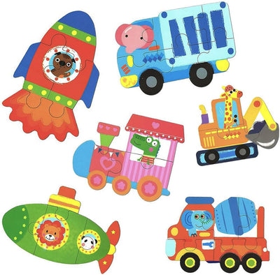My First Wooden Jigsaw Puzzle Set – Animals in Vehicles Collection (6-in-1 Tin Box)