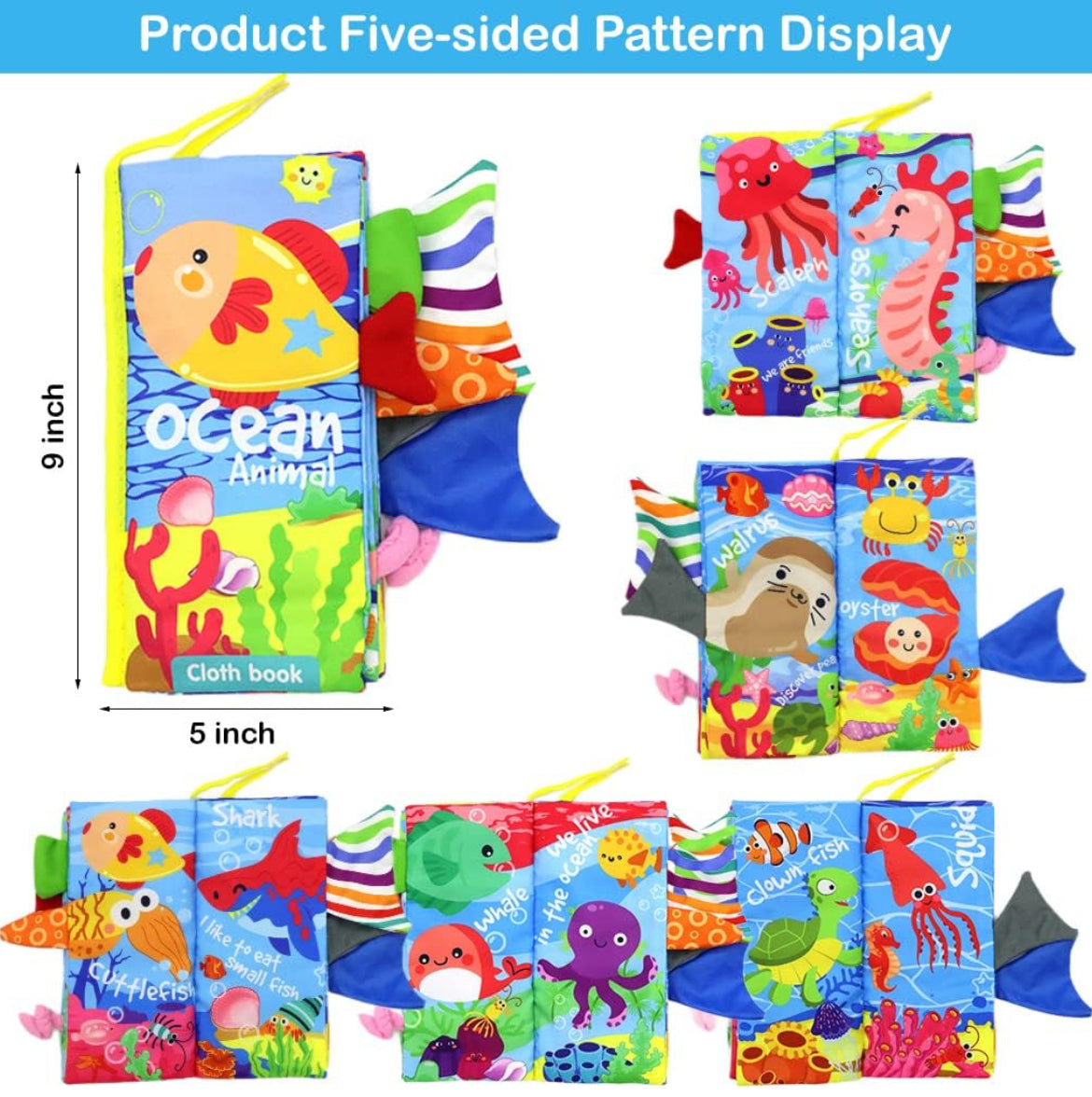 3D Baby Cloth Book – Ocean Animals Sensory Soft Book (6 Pages, Blue)