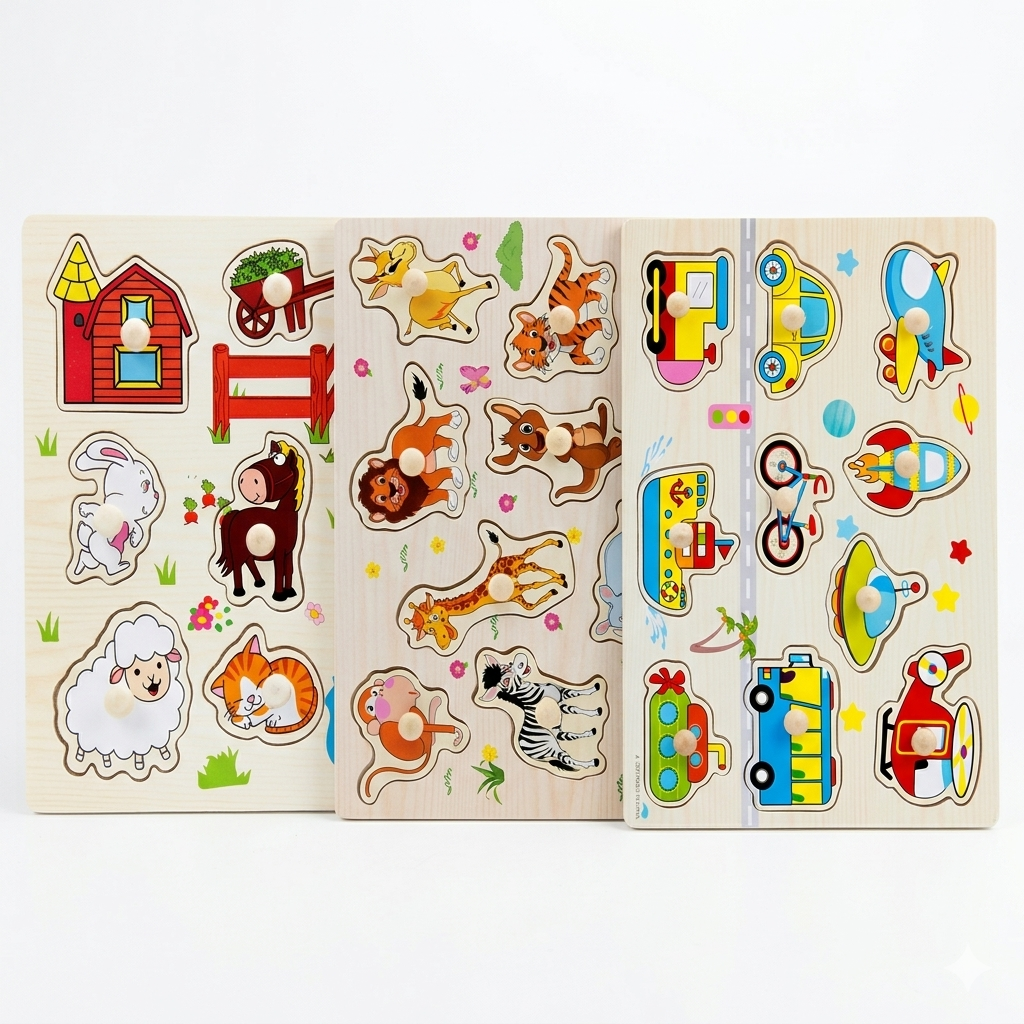 Ultimate Wooden Peg Puzzle bundle– 3-in-1: Farmyard Fun, Wildlife Safari, and Vehicles & Spaceships