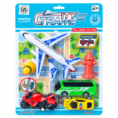 City Police & Traffic Interactive Pull-Back Vehicle Playset with Airplane, Bus & Cars (Ages 3+ Years)
