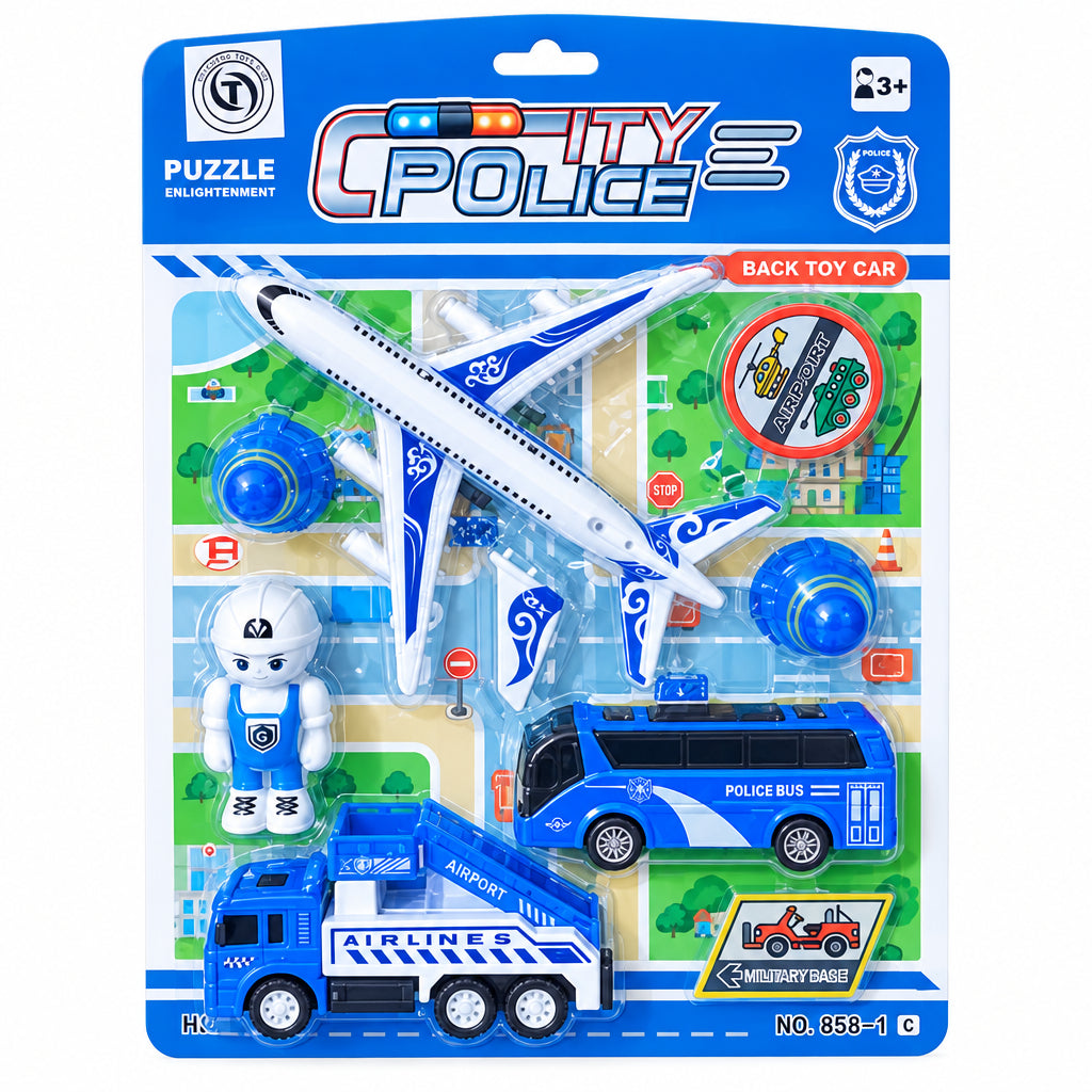 City Police & Traffic Interactive Pull-Back Vehicle Playset with Airplane, Bus & Cars (Ages 3+ Years)