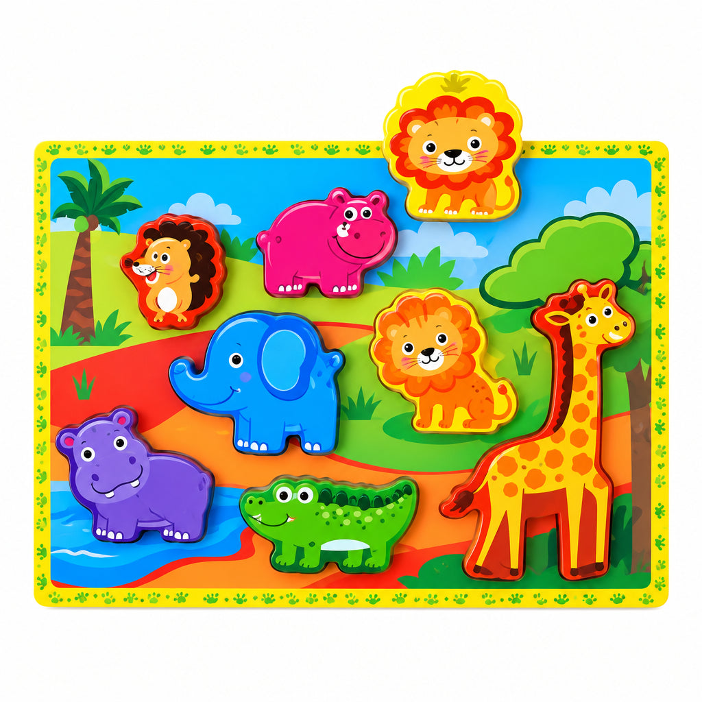 Cute Animals Wooden Chunky Puzzle Board with Stand-Up Safari Animal Figures (Ages 12m+)