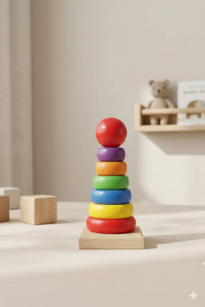 Wooden Rainbow Stacking Ring Tower Classic Montessori Stacker & Color Sorting Toy for Toddlers (Ages 1-3)