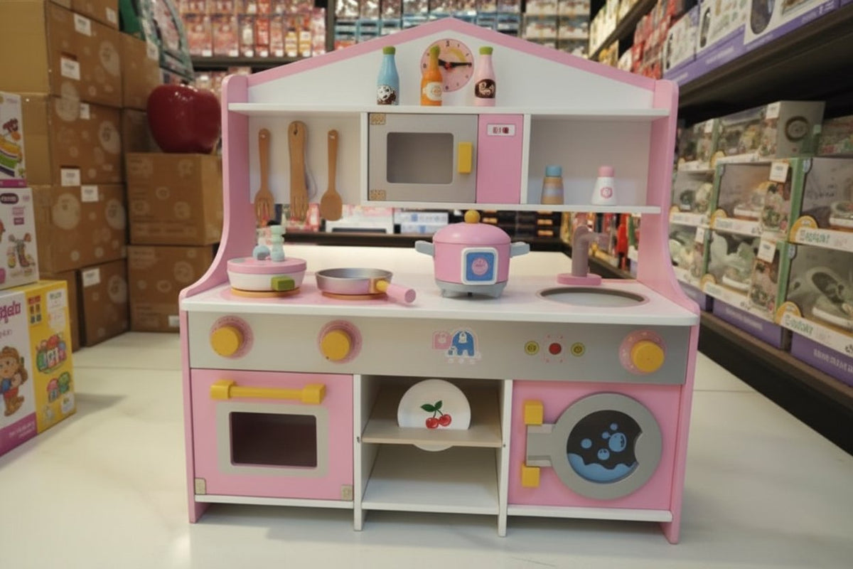 Interactive Wooden Play Kitchen Set with Cooking Accessories & Washing Machine (Pink & White)