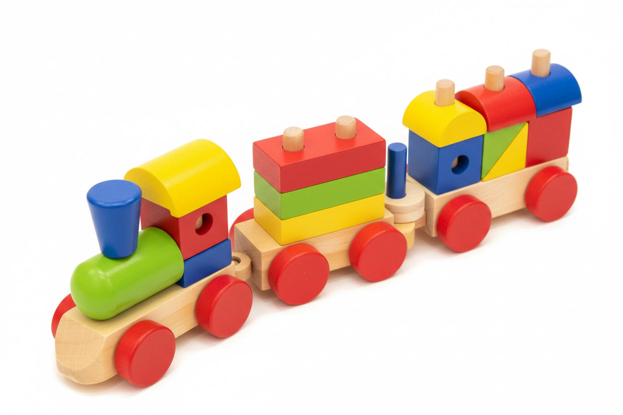 3-Section Geometric Shapes Train – Deluxe Wooden Pull-Along Set