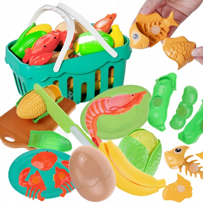 68-Piece Toddler Pretend Play Food Set with Cutting Tools & Grocery Basket