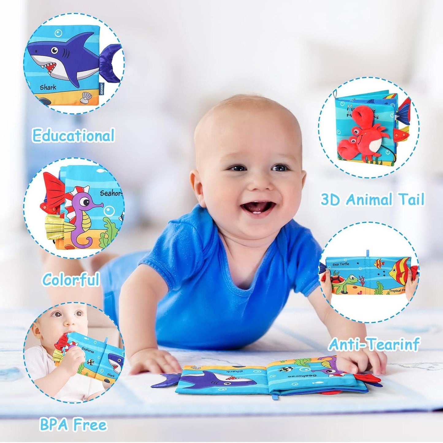 3D Baby Cloth Book – Ocean Animals Sensory Soft Book (6 Pages, Blue)