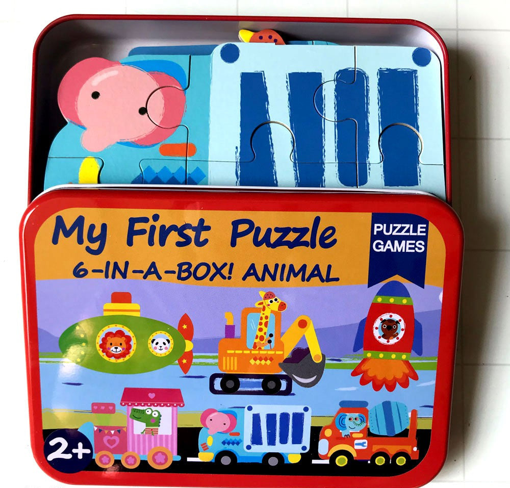 My First Wooden Jigsaw Puzzle Set – Animals in Vehicles Collection (6-in-1 Tin Box)