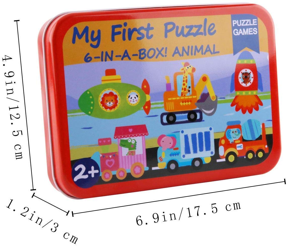 My First Wooden Jigsaw Puzzle Set – Animals in Vehicles Collection (6-in-1 Tin Box)