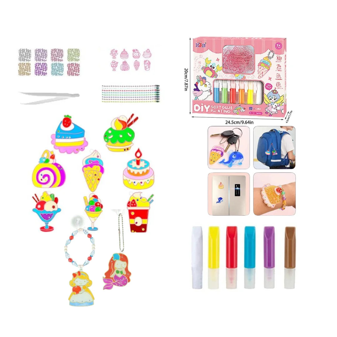DIY "Soft Glue Painting" No-Bake Air-Dry Craft Kit with Molds & Peelable Keychains (3 Themes / Ages 3+)