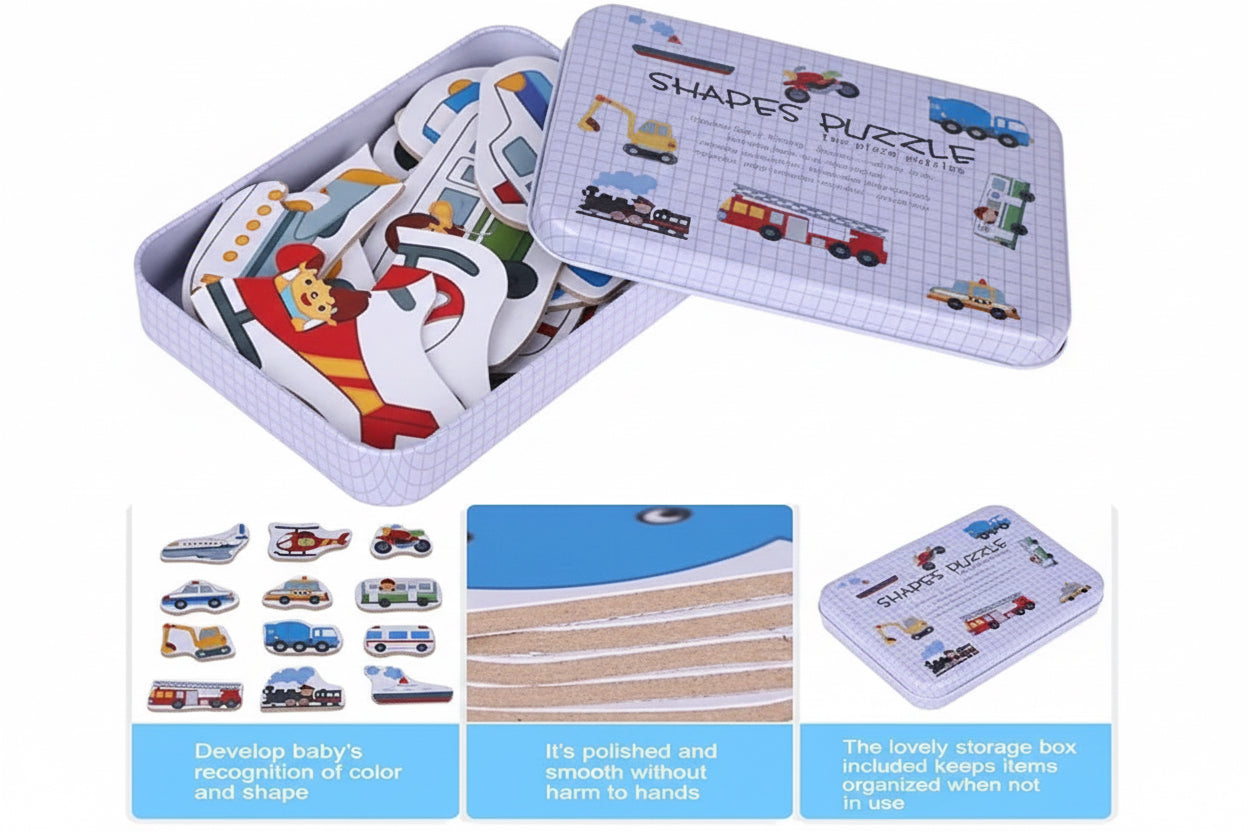 Wooden Transportation Shape Puzzle Set for Kids – Two-Piece Vehicles Puzzle