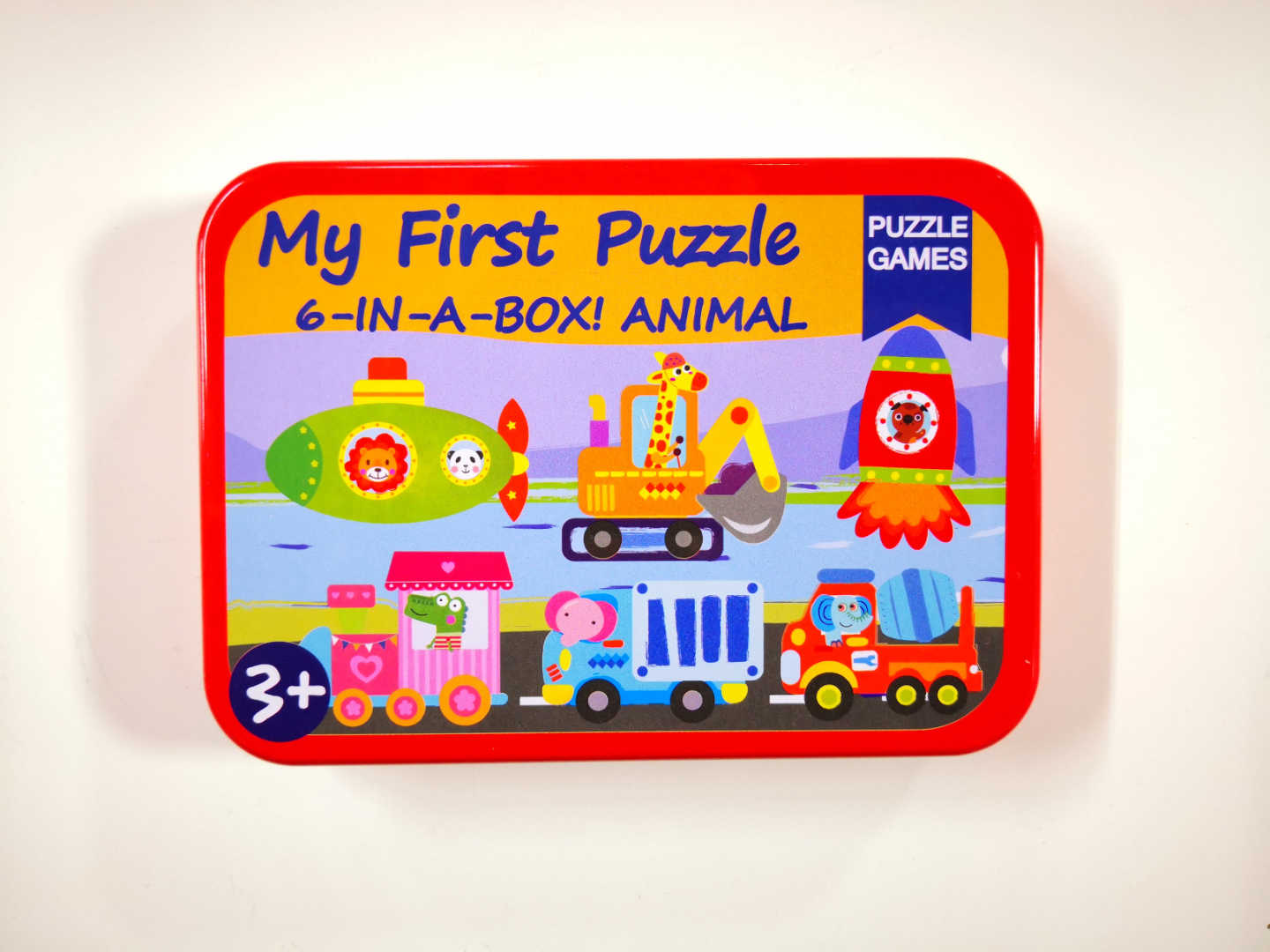 My First Wooden Jigsaw Puzzle Set – Animals in Vehicles Collection (6-in-1 Tin Box)