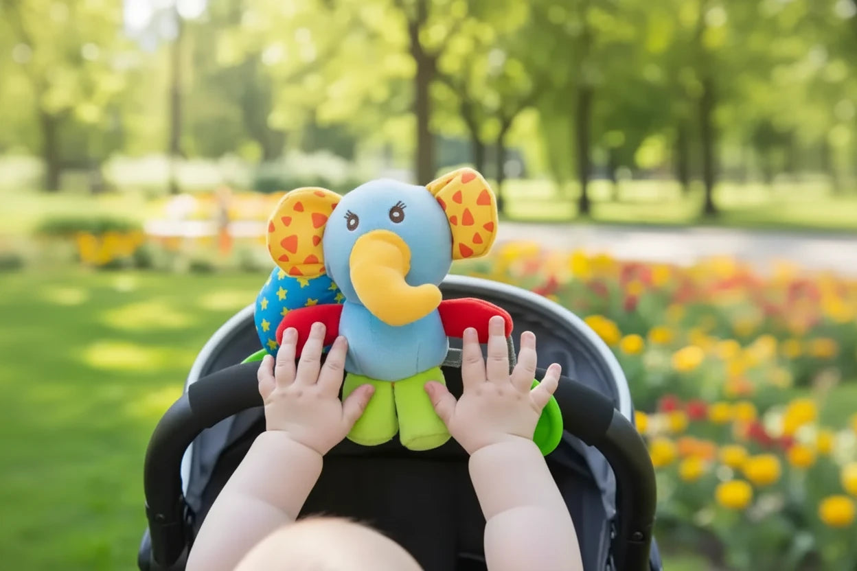 Soothing Sensory Plush – Hanging Stroller Toy with Rattle & Teether
