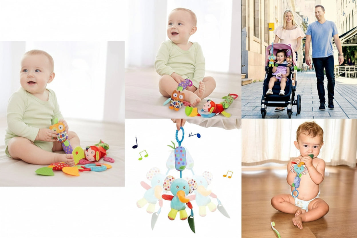 Soothing Sensory Plush – Hanging Stroller Toy with Rattle & Teether