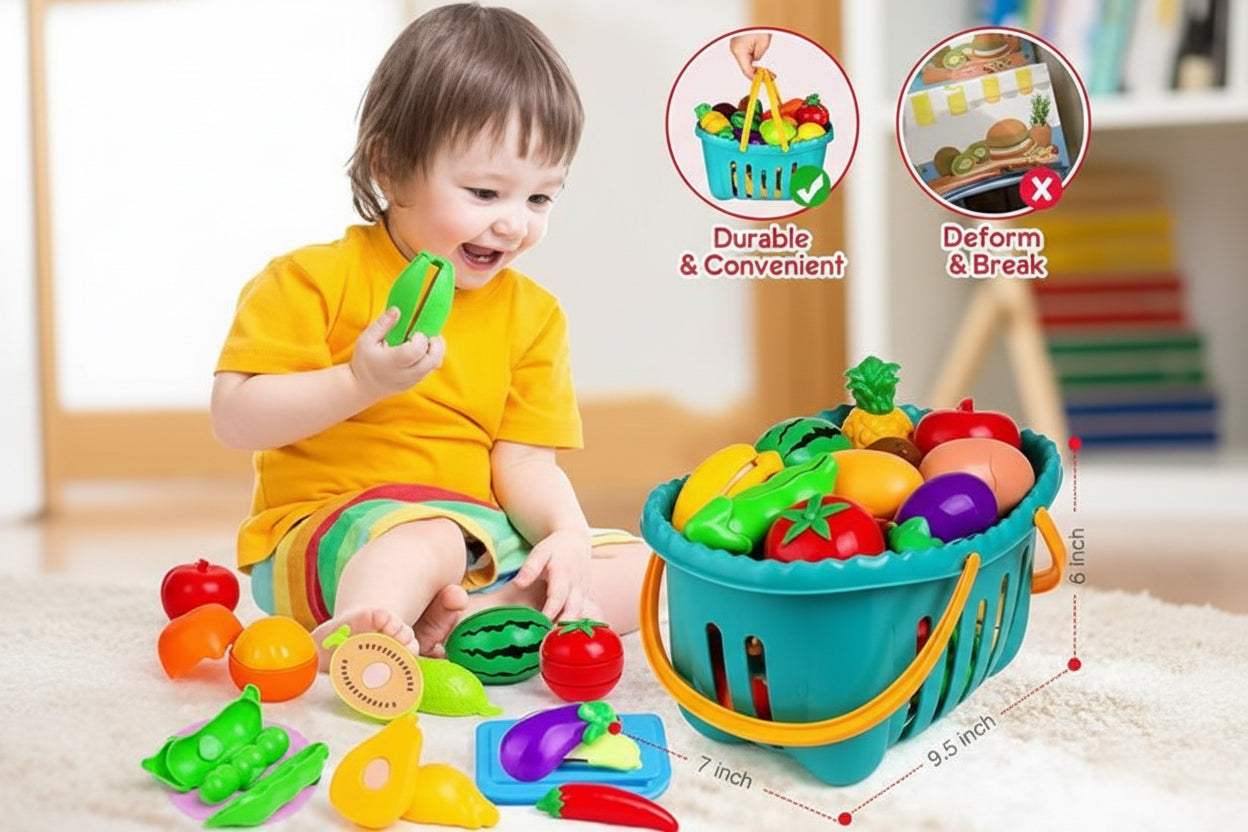 68-Piece Toddler Pretend Play Food Set with Cutting Tools & Grocery Basket