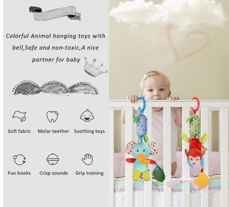 Soothing Sensory Plush – Hanging Stroller Toy with Rattle & Teether