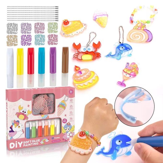 DIY "Soft Glue Painting" No-Bake Air-Dry Craft Kit with Molds & Peelable Keychains (3 Themes / Ages 3+)