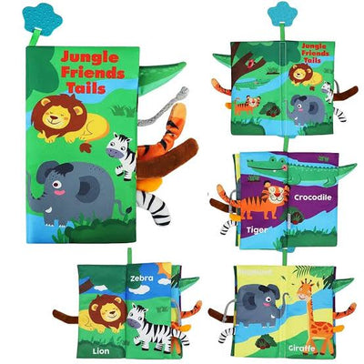 Jungle Animals Soft Cloth Book for Babies – Sensory Tails & Sound Buttons