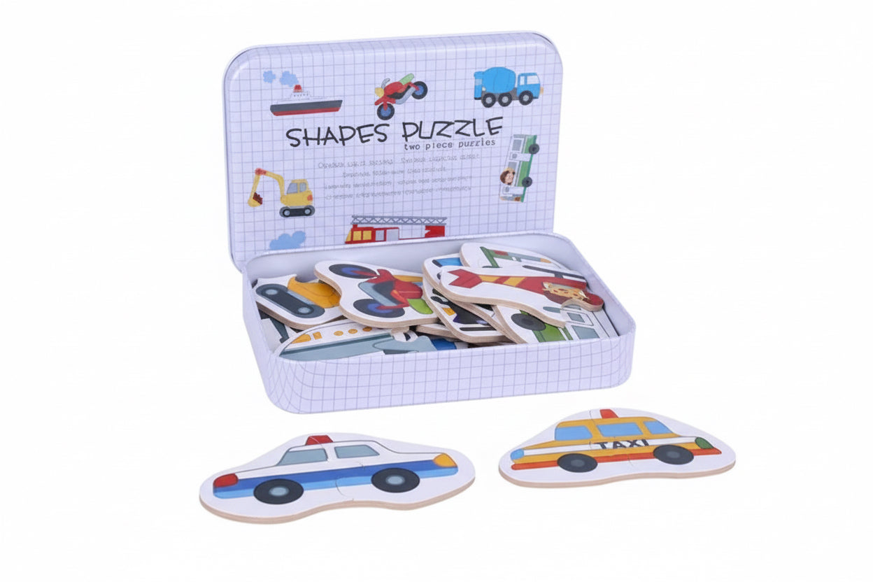 Wooden Transportation Shape Puzzle Set for Kids – Two-Piece Vehicles Puzzle
