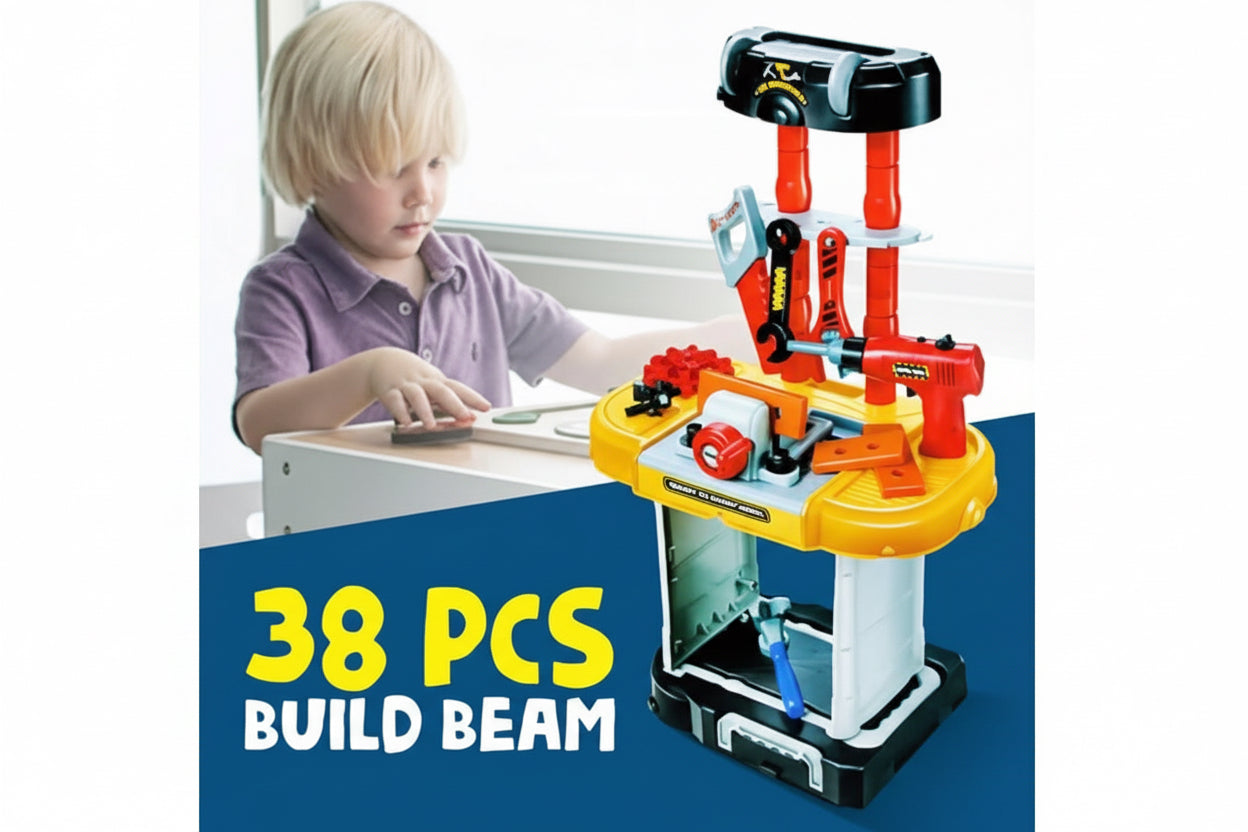 3-in-1 Kids Tool Kit Set – 38 Pieces Suitcase, Pull Box & Workbench