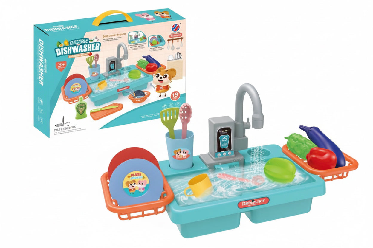 Kids Electric Play Dishwasher & Sink Toy Set with Running Water – 19 Pieces