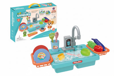 Kids Electric Play Dishwasher & Sink Toy Set with Running Water – 19 Pieces