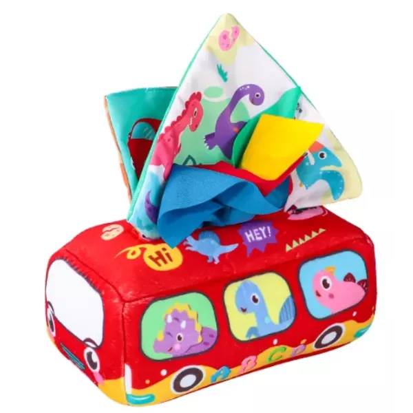 Baby Sensory Tissue Box Toy with Silk Scarves & Crinkle Cloths – Bus & Dinosaur Series (Ages 6M+)