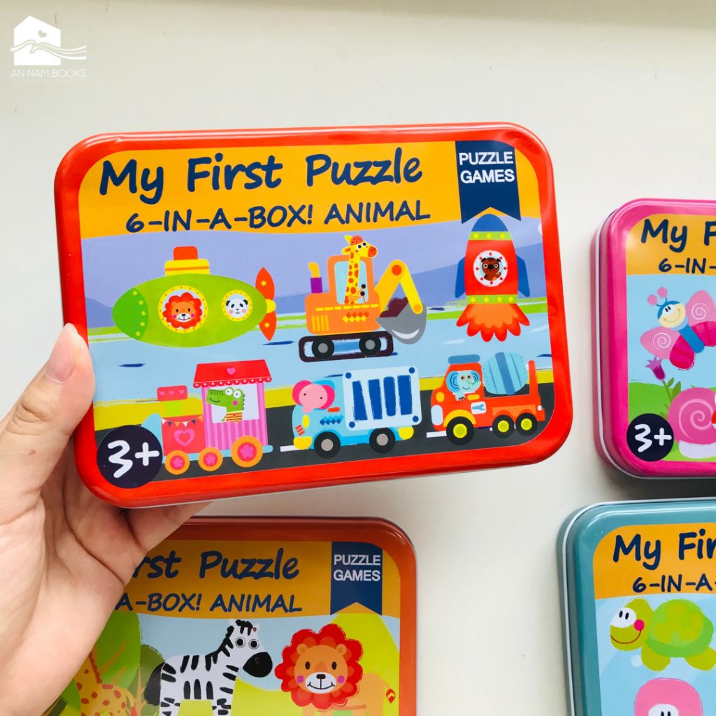 My First Wooden Jigsaw Puzzle Set – Animals in Vehicles Collection (6-in-1 Tin Box)