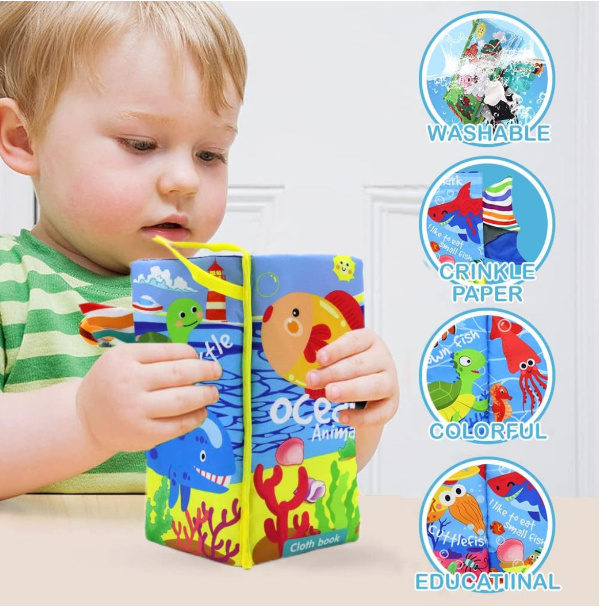 3D Baby Cloth Book – Ocean Animals Sensory Soft Book (6 Pages, Blue)