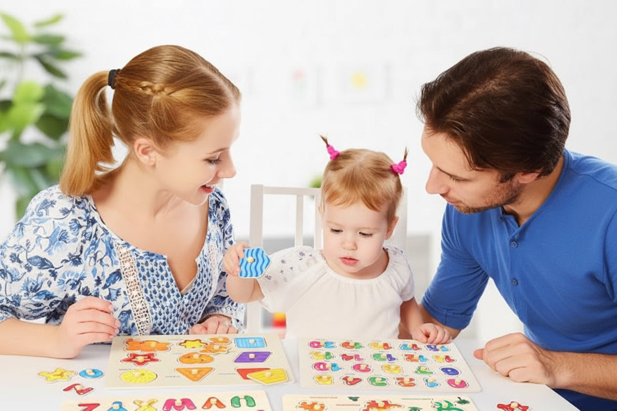 3-in-1 Wooden Peg Puzzle Bundle – Fruits, Vegetables, and Jungle Animals