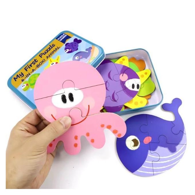 My First Wooden Sea Animals Jigsaw Puzzle Set – 5-in-1 Educational Tin Box
