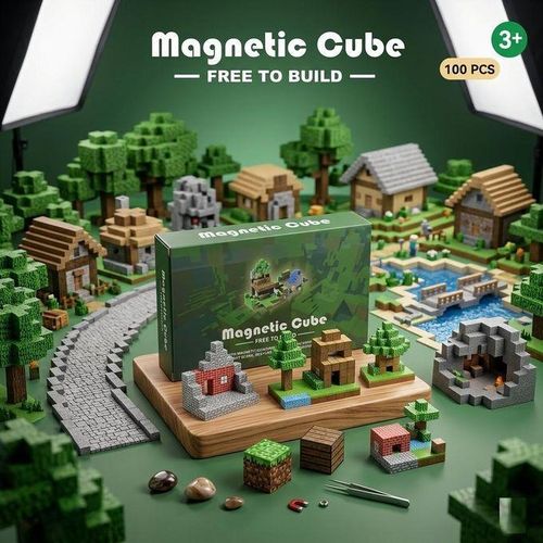 Minecraft-Style "Magnetic Cube - Free to Build" 3D Interactive Building Blocks Set (Ages 3+ Years)