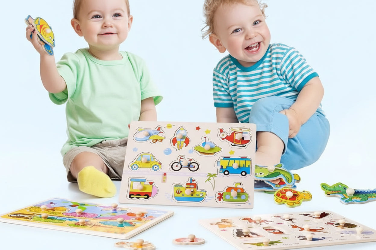 3-in-1 Wooden Peg Puzzle Bundle – Fruits, Vegetables, and Jungle Animals