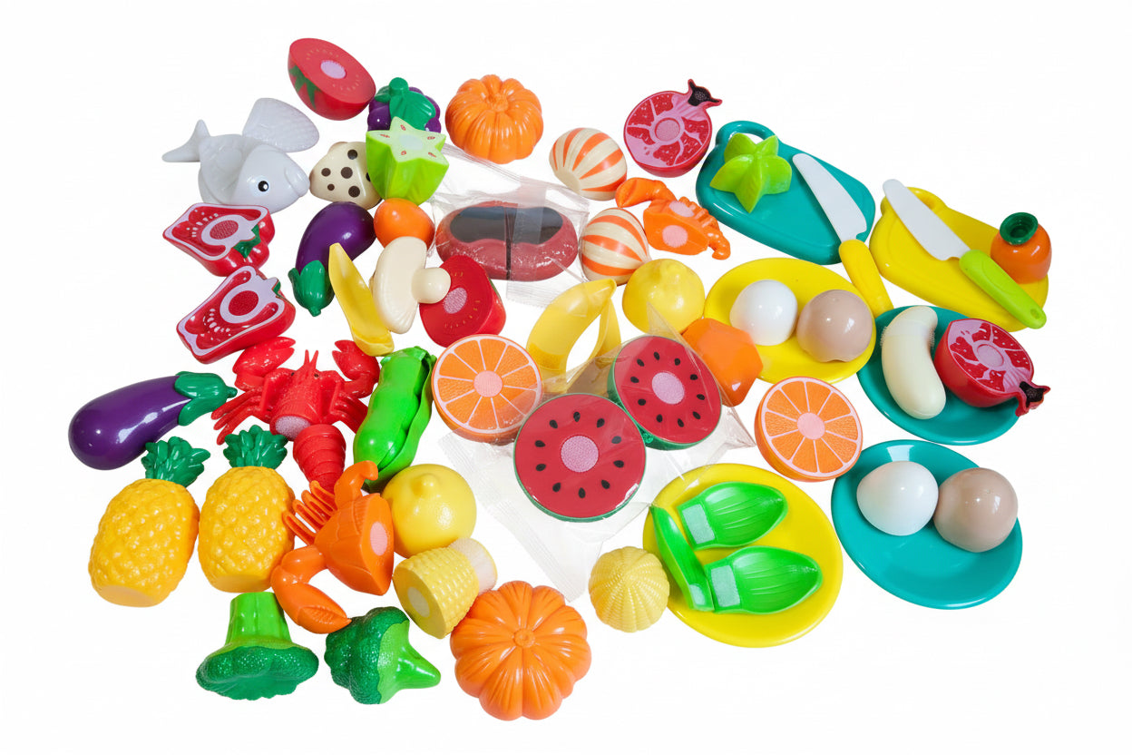 68-Piece Toddler Pretend Play Food Set with Cutting Tools & Grocery Basket