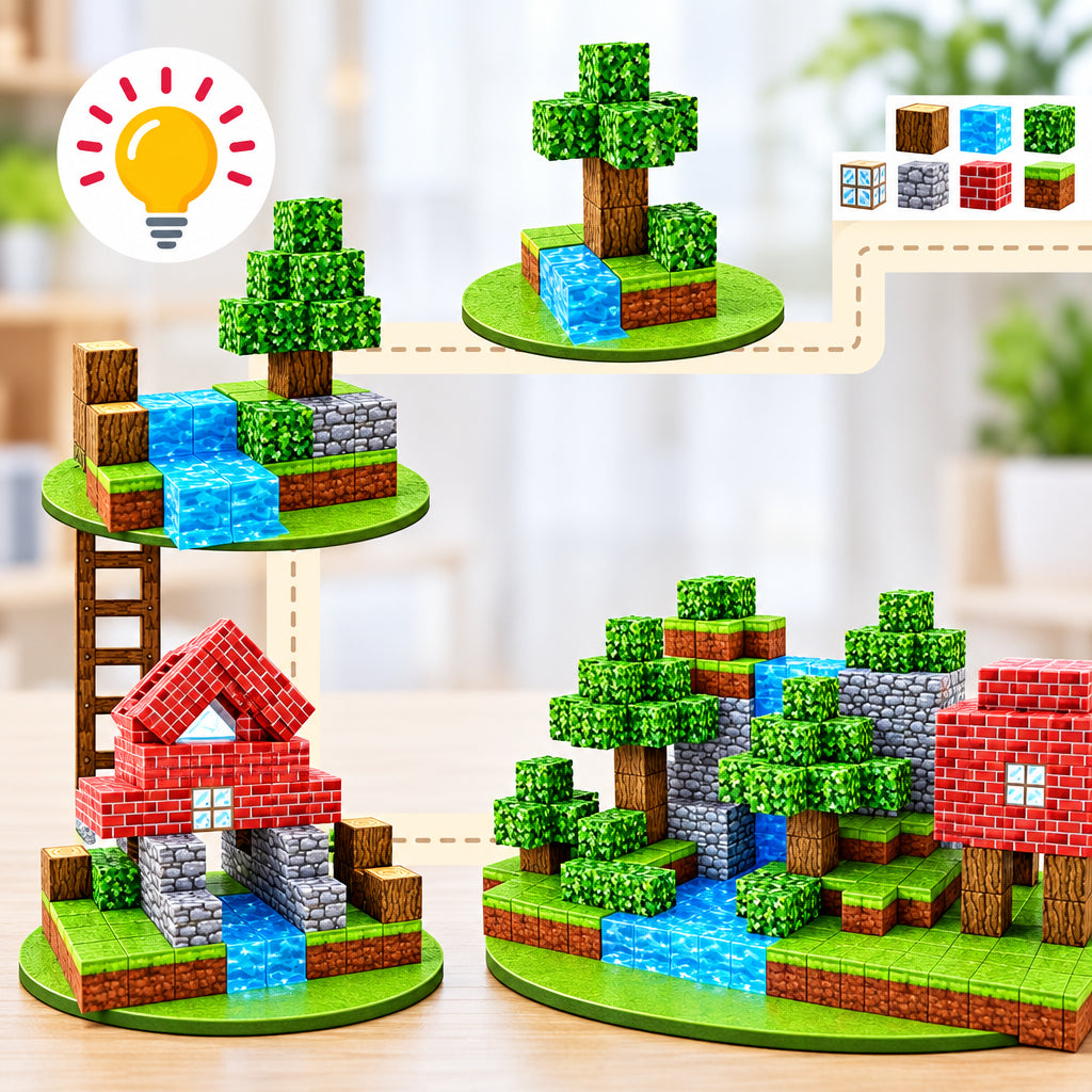Minecraft-Style "Magnetic Cube - Free to Build" 3D Interactive Building Blocks Set (Ages 3+ Years)