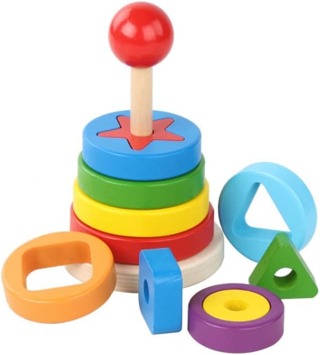 2-in-1 Wooden Rainbow Stacking Rings & Geometric Shape Sorter Tower Toy (Ages 18M+)