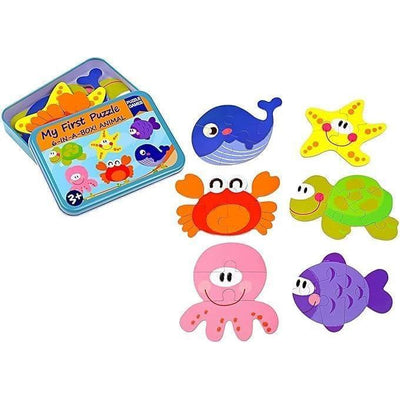 My First Wooden Sea Animals Jigsaw Puzzle Set – 5-in-1 Educational Tin Box