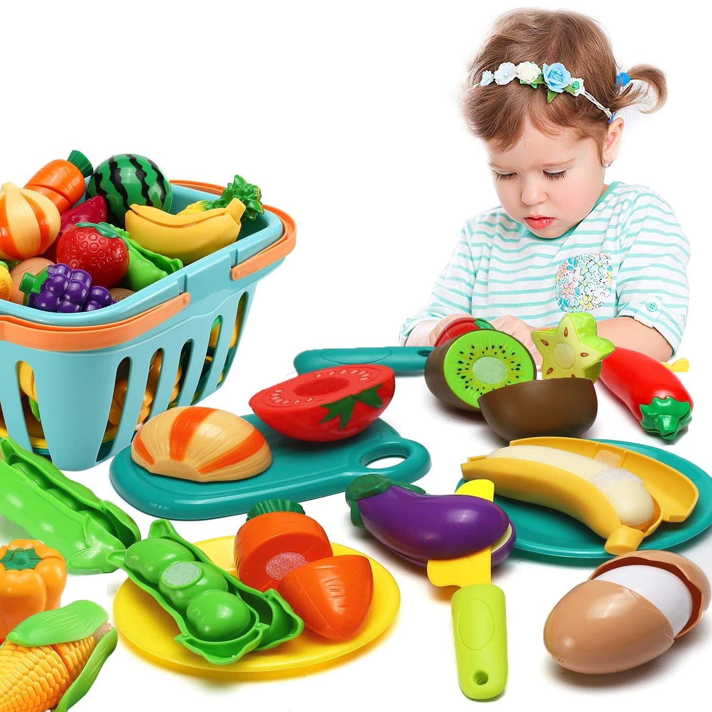 68-Piece Toddler Pretend Play Food Set with Cutting Tools & Grocery Basket