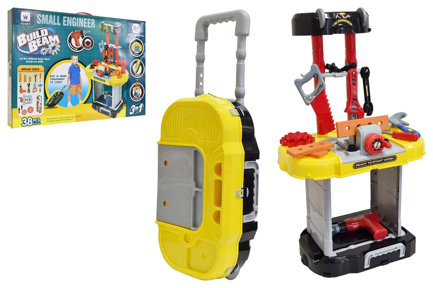 3-in-1 Kids Tool Kit Set – 38 Pieces Suitcase, Pull Box & Workbench