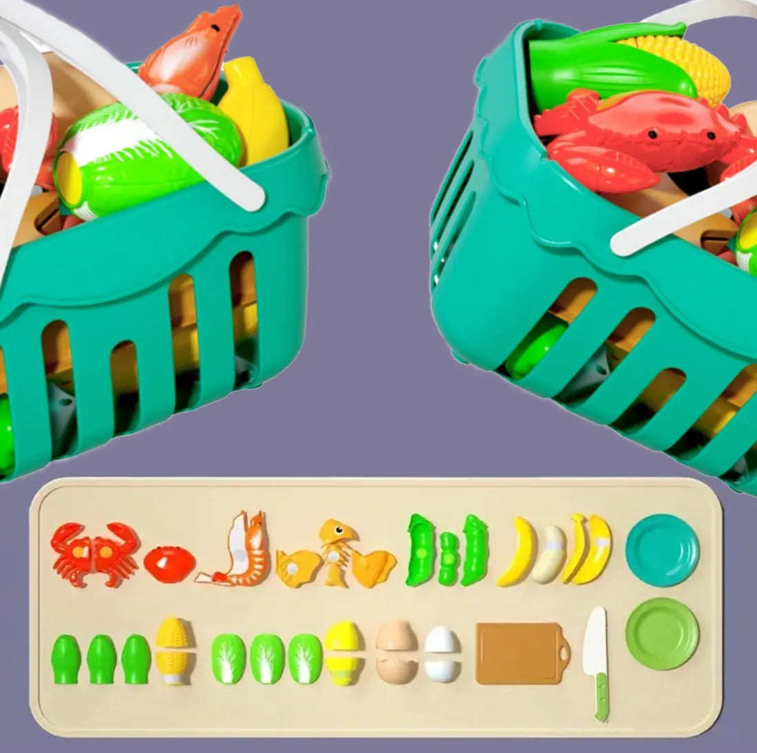 68-Piece Toddler Pretend Play Food Set with Cutting Tools & Grocery Basket