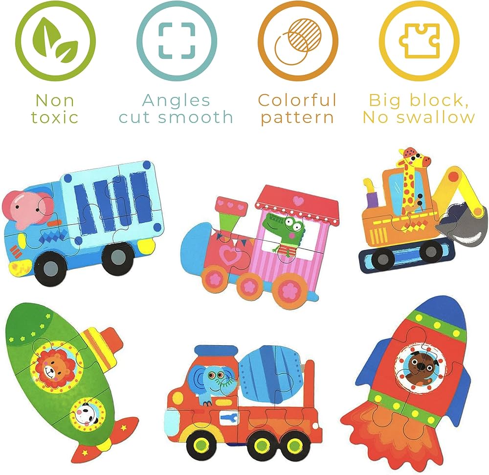 My First Wooden Jigsaw Puzzle Set – Animals in Vehicles Collection (6-in-1 Tin Box)