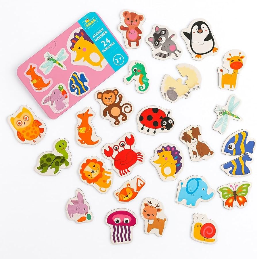 Wooden Animals Cartoon Puzzle Set– 24 Pieces Educational Animal & Shape Toy