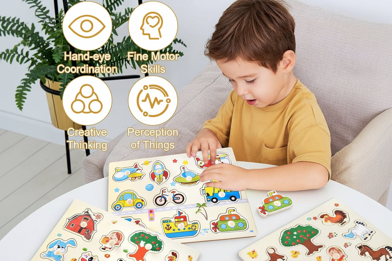 3-in-1 Wooden Peg Puzzle Bundle – Fruits, Vegetables, and Jungle Animals