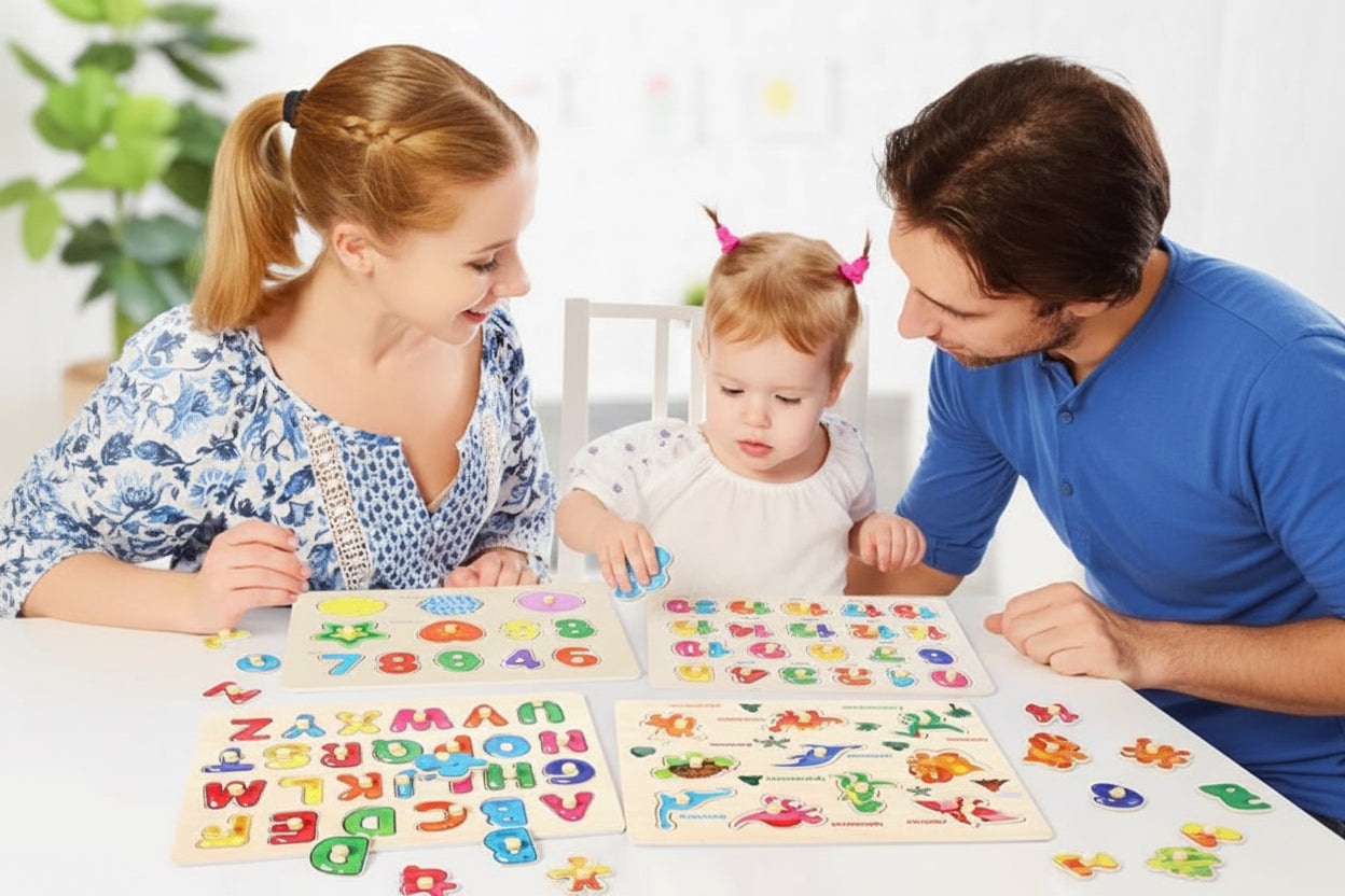 Ultimate Wooden Peg Puzzle bundle– 3-in-1: Farmyard Fun, Wildlife Safari, and Vehicles & Spaceships